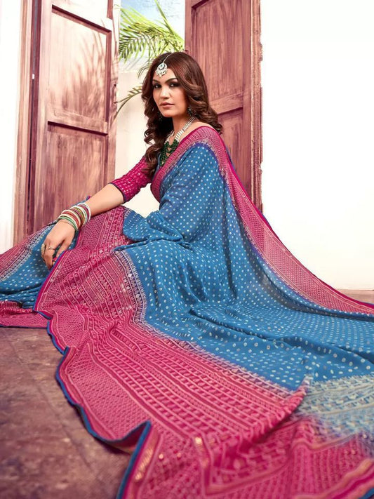 Bamber Viscose Georgette Ink Foil Printed Saree with Foil Printed Blouse – 6.3 Meters