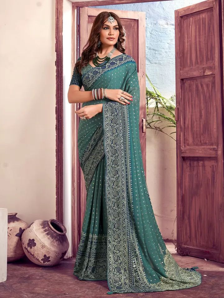 Bamber Viscose Georgette Ink Foil Printed Saree with Foil Printed Blouse – 6.3 Meters