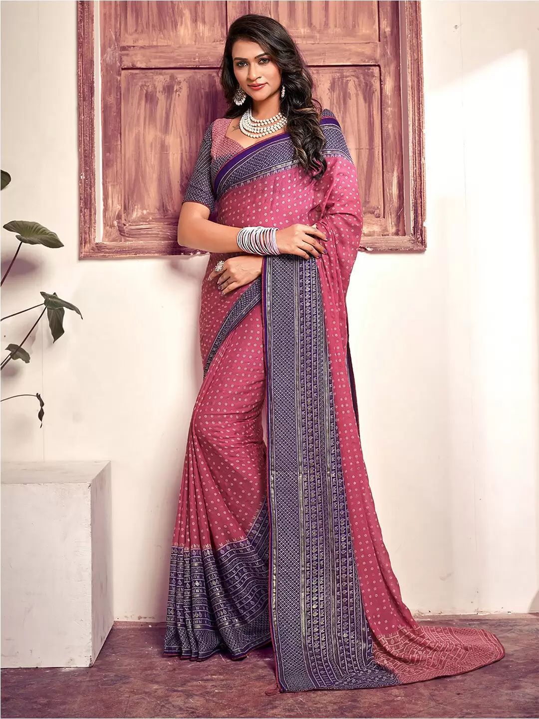 Bamber Viscose Georgette Ink Foil Printed Saree with Foil Printed Blouse – 6.3 Meters