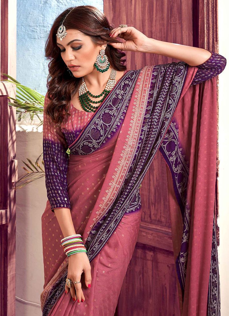 Bamber Viscose Georgette Ink Foil Printed Saree with Foil Printed Blouse – 6.3 Meters