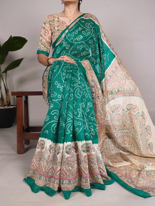 Green Silk Saree with Madhubani & Bandhej Fusion Print – 5.5 Meters with Matching Blouse