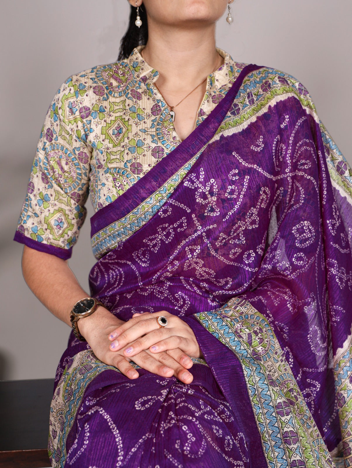 Green Silk Saree with Madhubani & Bandhej Fusion Print – 5.5 Meters with Matching Blouse