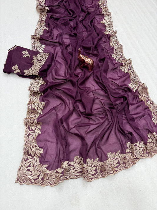 Star Georgette Saree with Designer Embroidery, Jari Work C-Pallu & Heavy Work Blouse – 5.5 m