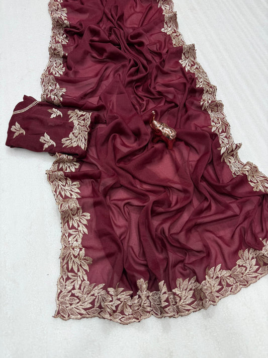 Star Georgette Saree with Designer Embroidery, Jari Work C-Pallu & Heavy Work Blouse – 5.5 m