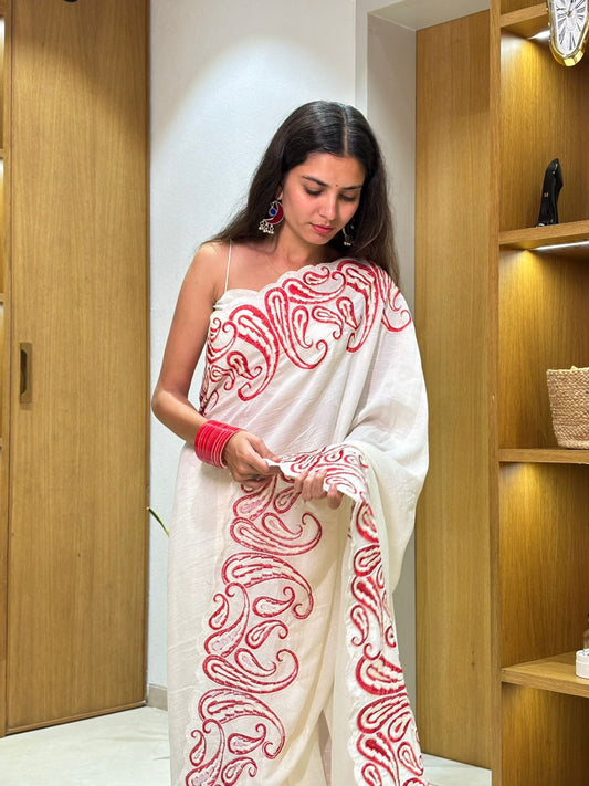 Pure Vichitra Silk Saree with Multi-Thread Embroidery & Cut Work | Mono Silk Embroidered Blouse | 5.5 Meters