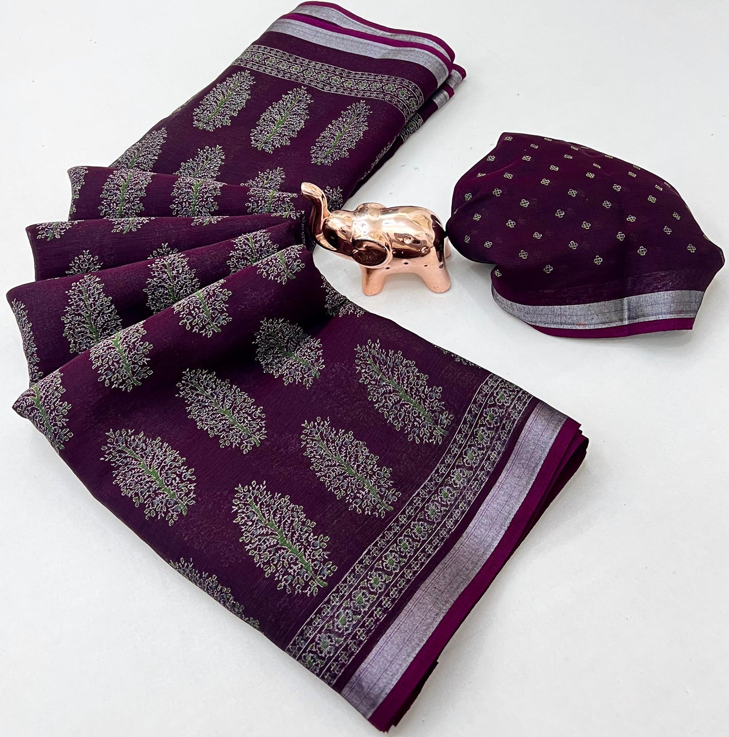 Heavy Poly-Cotton Ajrakh Print Saree with Silver Zari Border