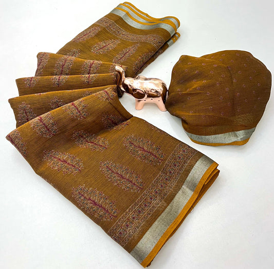 Heavy Poly-Cotton Ajrakh Print Saree with Silver Zari Border