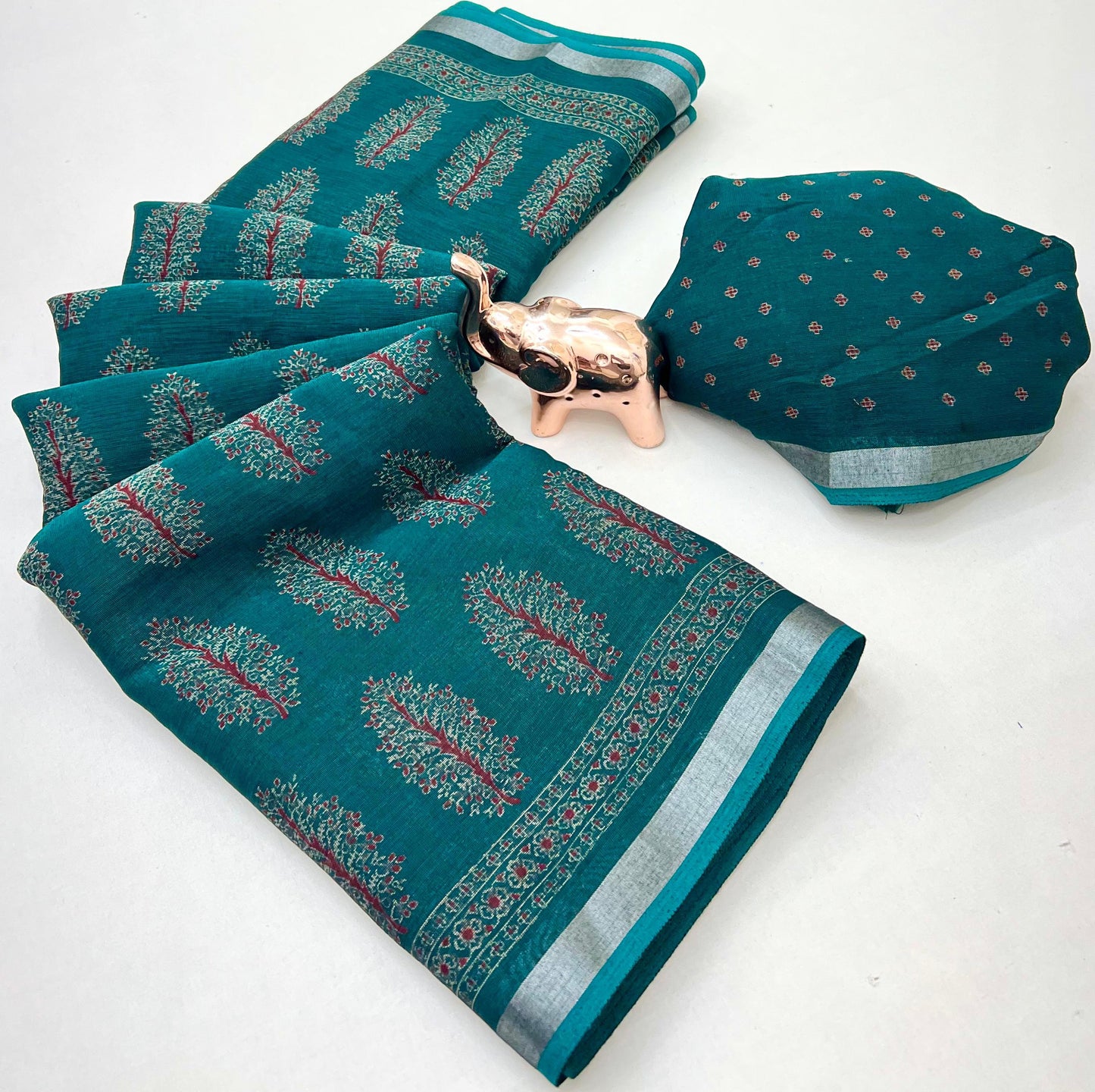 Heavy Poly-Cotton Ajrakh Print Saree with Silver Zari Border