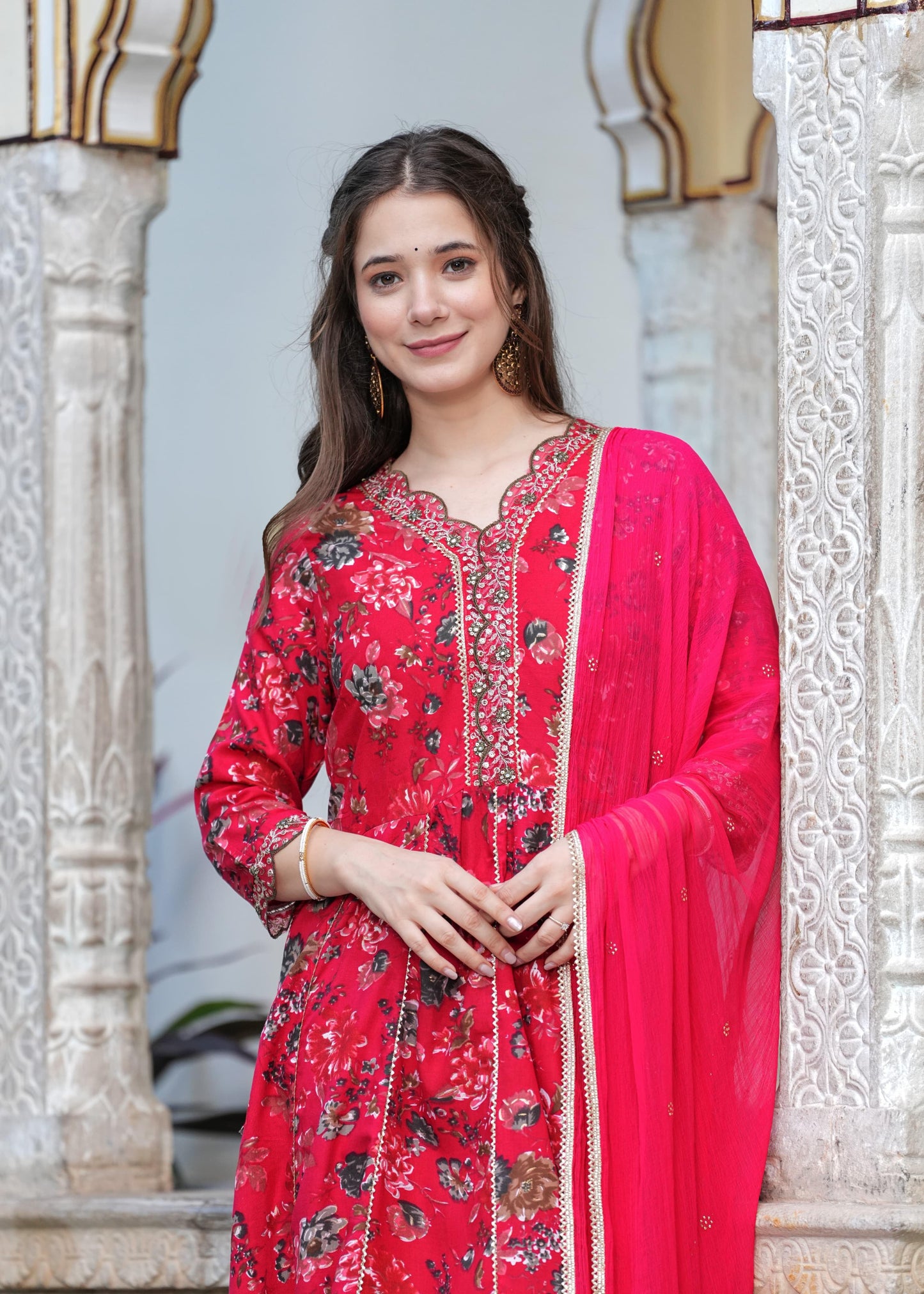 Beautiful cherry red colour anarkali kurta with pant and dupatta