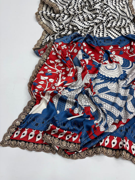 Pure Satin with Ajrak printed Sarees rich Pallu with heavy Designer Sequence Embrideory Lace