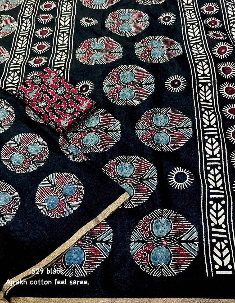 Ajrakh Cotton Saree with Zari Piping & Aari Mirror Work – Swaraas Premium Collection