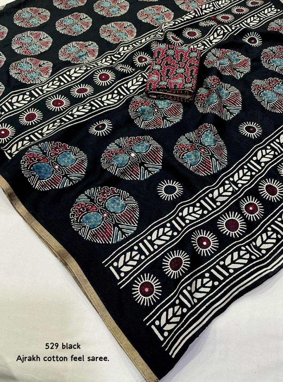 Ajrakh Cotton Saree with Zari Piping & Aari Mirror Work – Swaraas Premium Collection
