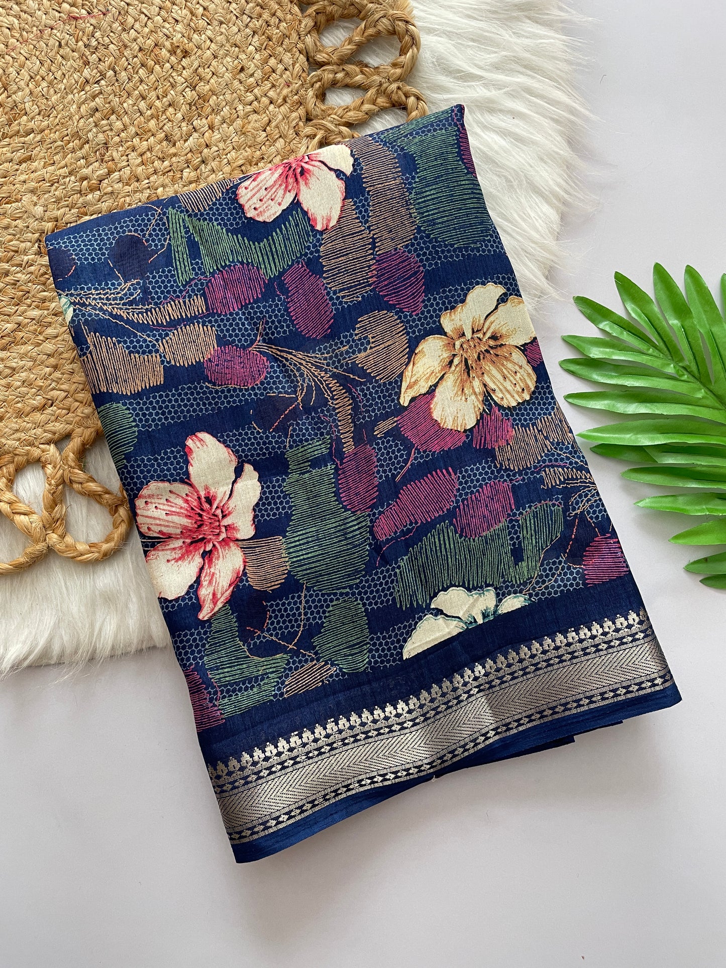 Lightweight Cotton Blend Saree with Floral Prints & Silver Zari Border | Designer Saree with Printed Blouse