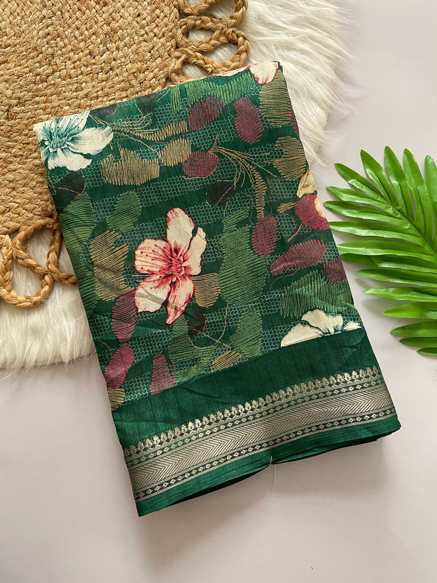 Lightweight Cotton Blend Saree with Floral Prints & Silver Zari Border | Designer Saree with Printed Blouse