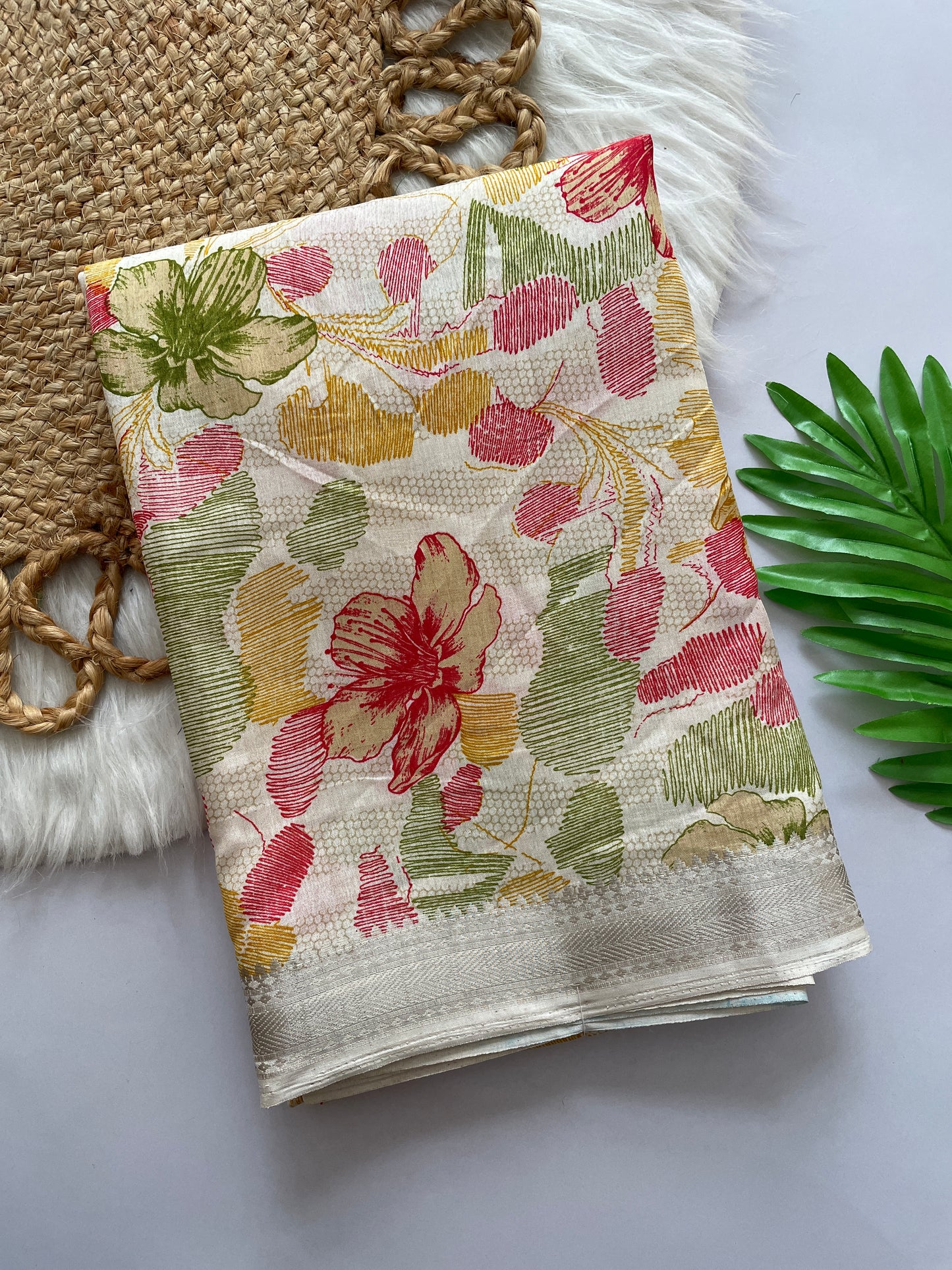 Lightweight Cotton Blend Saree with Floral Prints & Silver Zari Border | Designer Saree with Printed Blouse