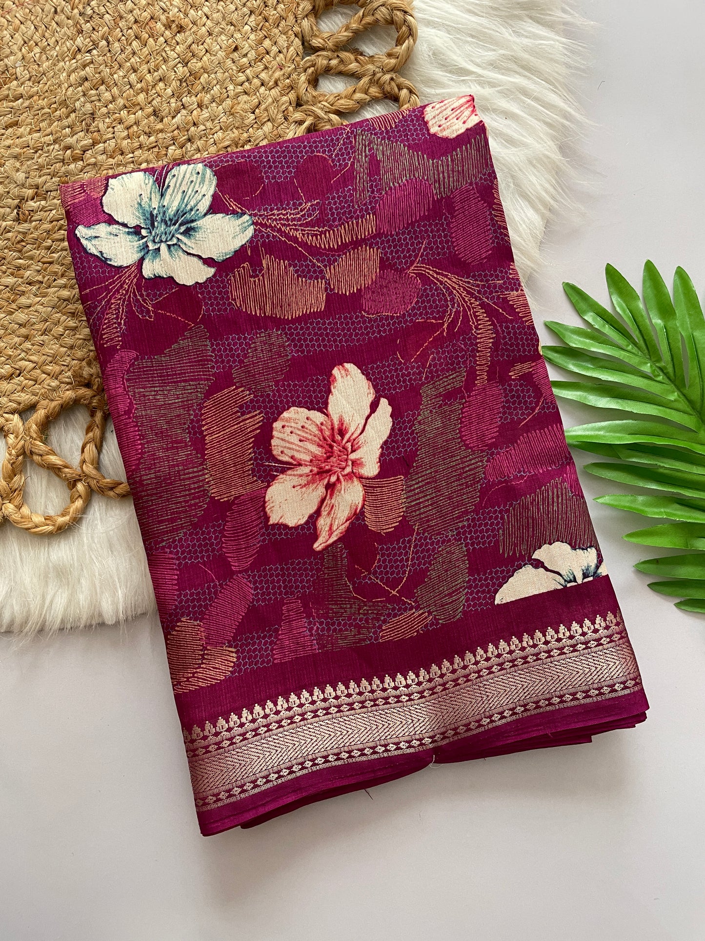 Lightweight Cotton Blend Saree with Floral Prints & Silver Zari Border | Designer Saree with Printed Blouse