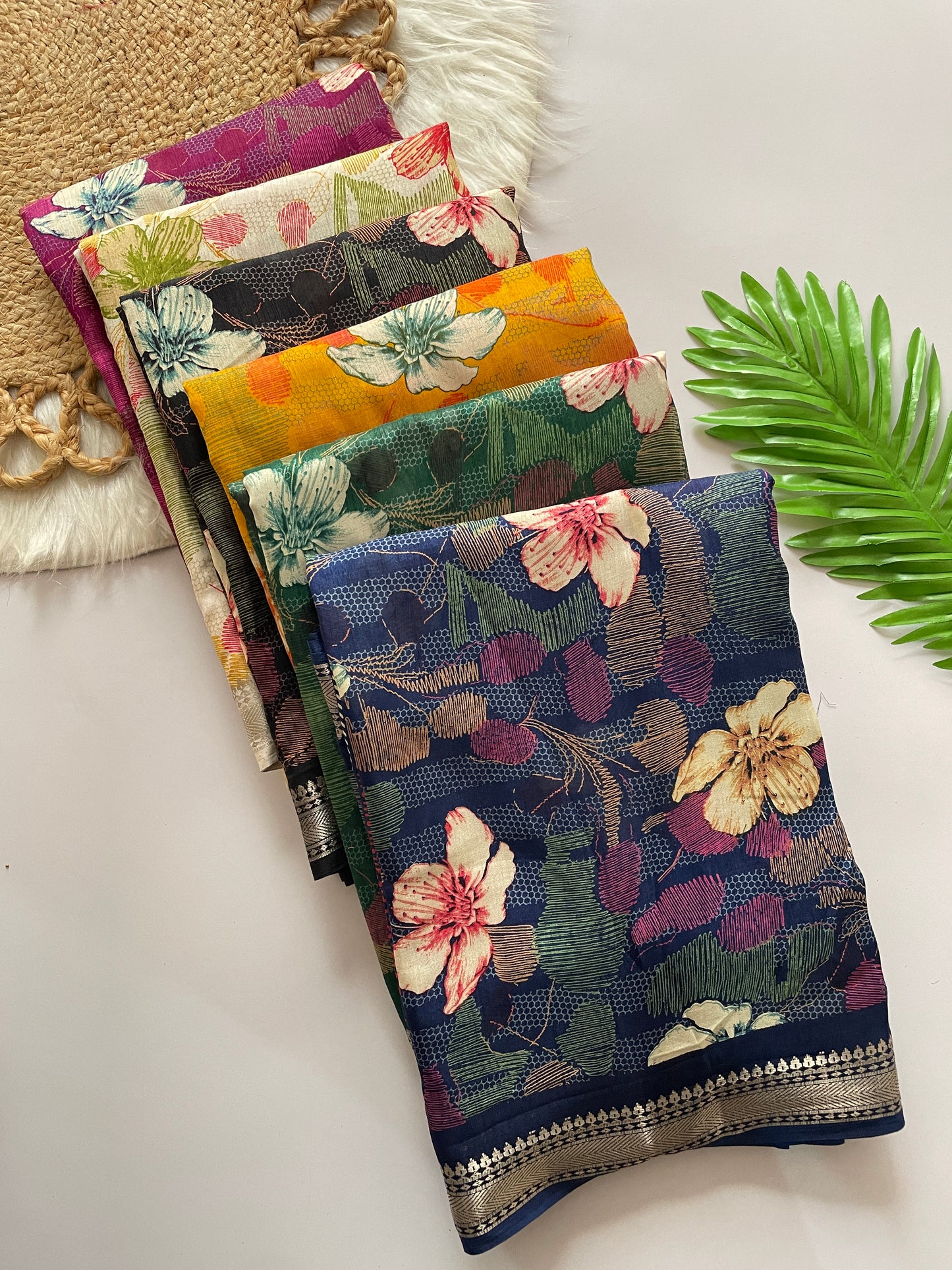 Lightweight Cotton Blend Saree with Floral Prints & Silver Zari Border | Designer Saree with Printed Blouse