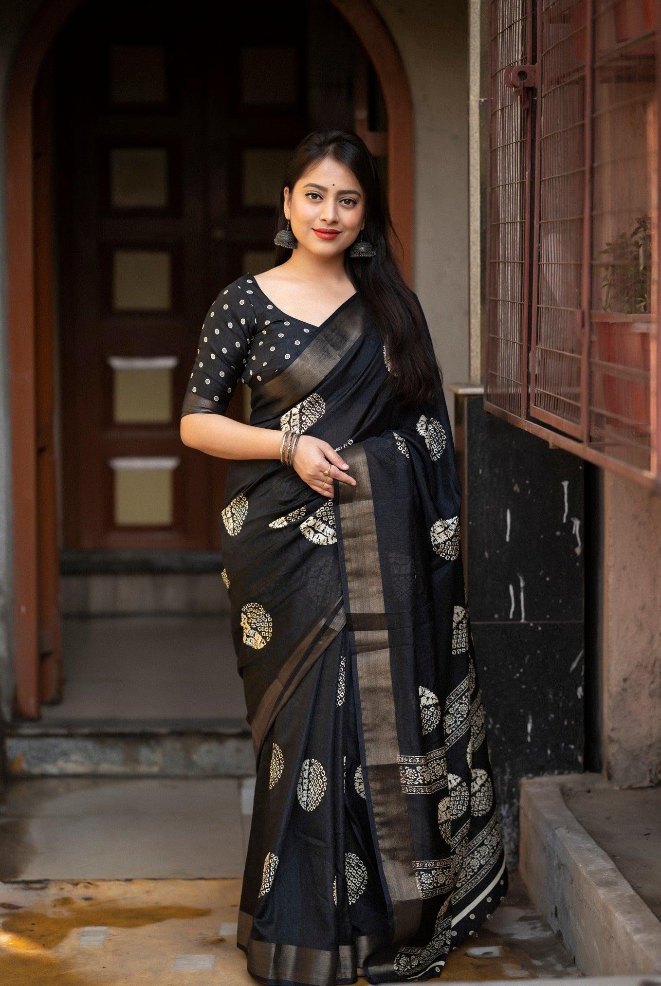 soft cotton crape batik prints with zari pattu woven border - Swaraas