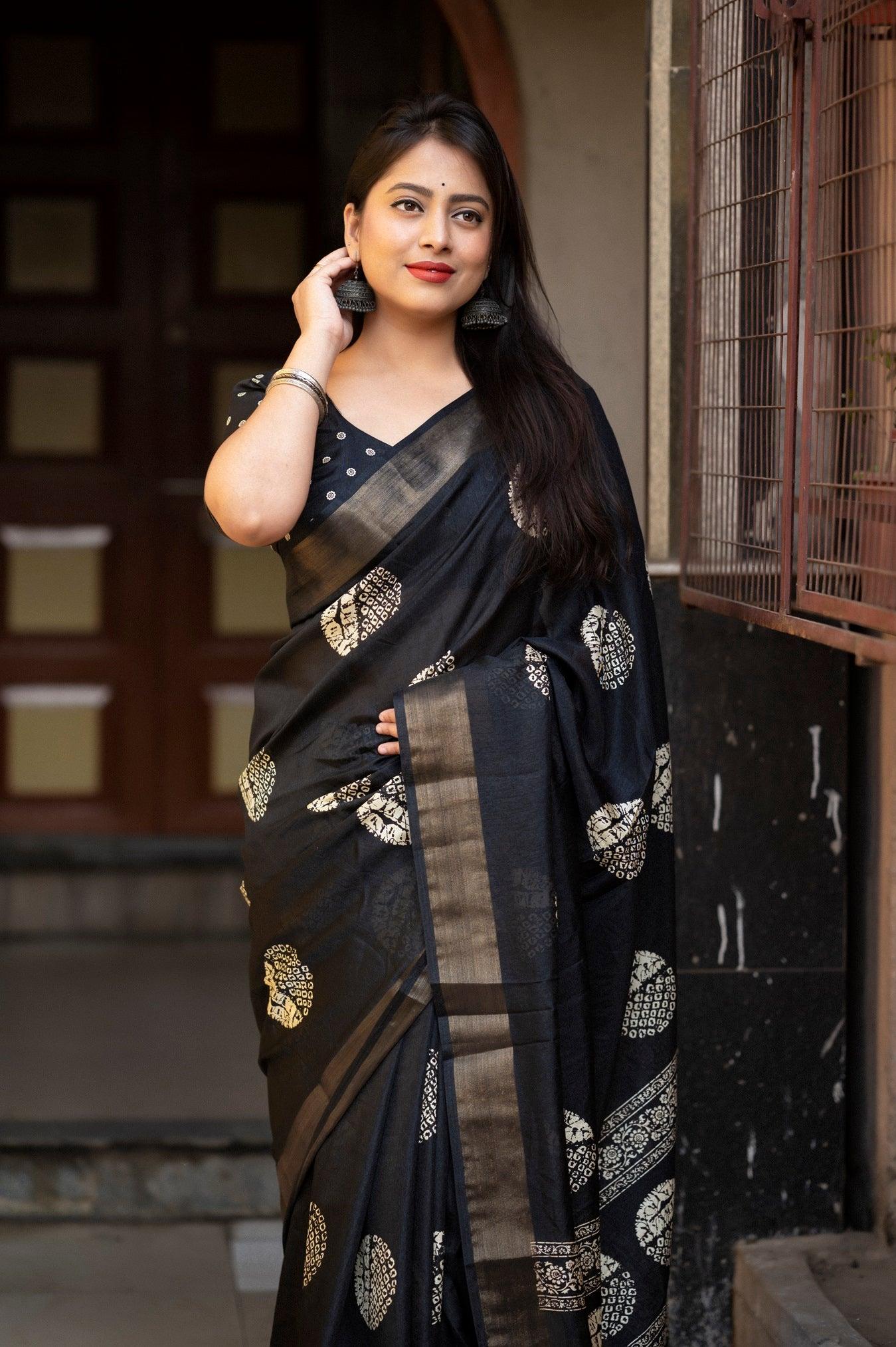 soft cotton crape batik prints with zari pattu woven border - Swaraas