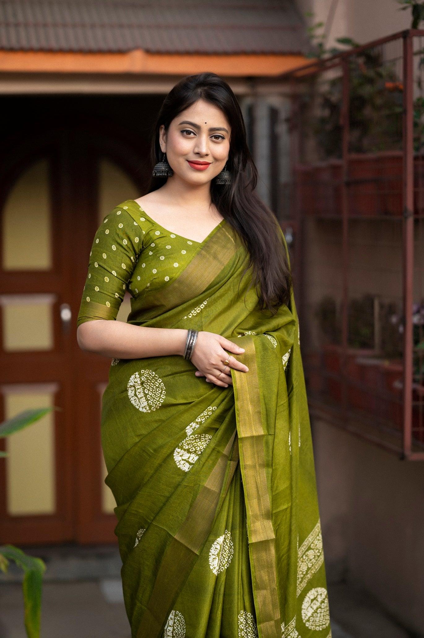 soft cotton crape batik prints with zari pattu woven border - Swaraas