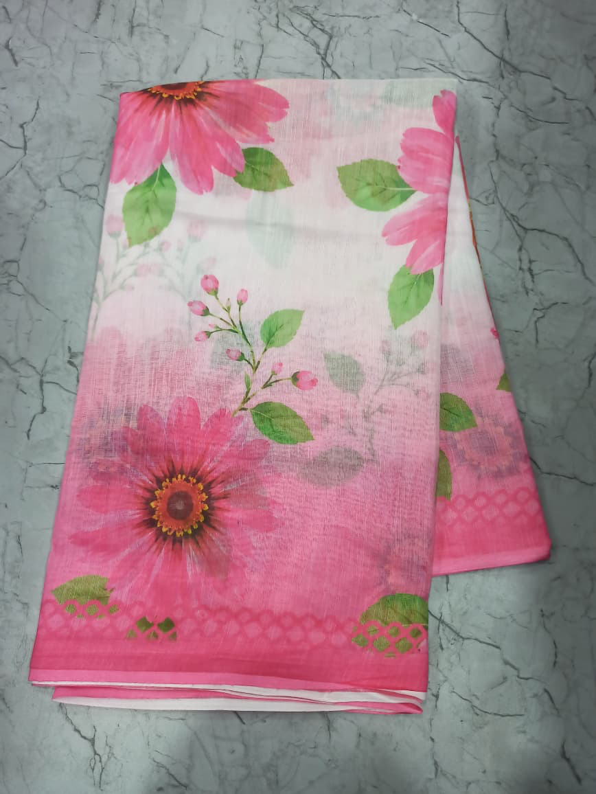Blush Pink Floral Print Linen Saree with Magenta Border and Running Blouse Piece for Women, 6.3 Metres for Daily Wear