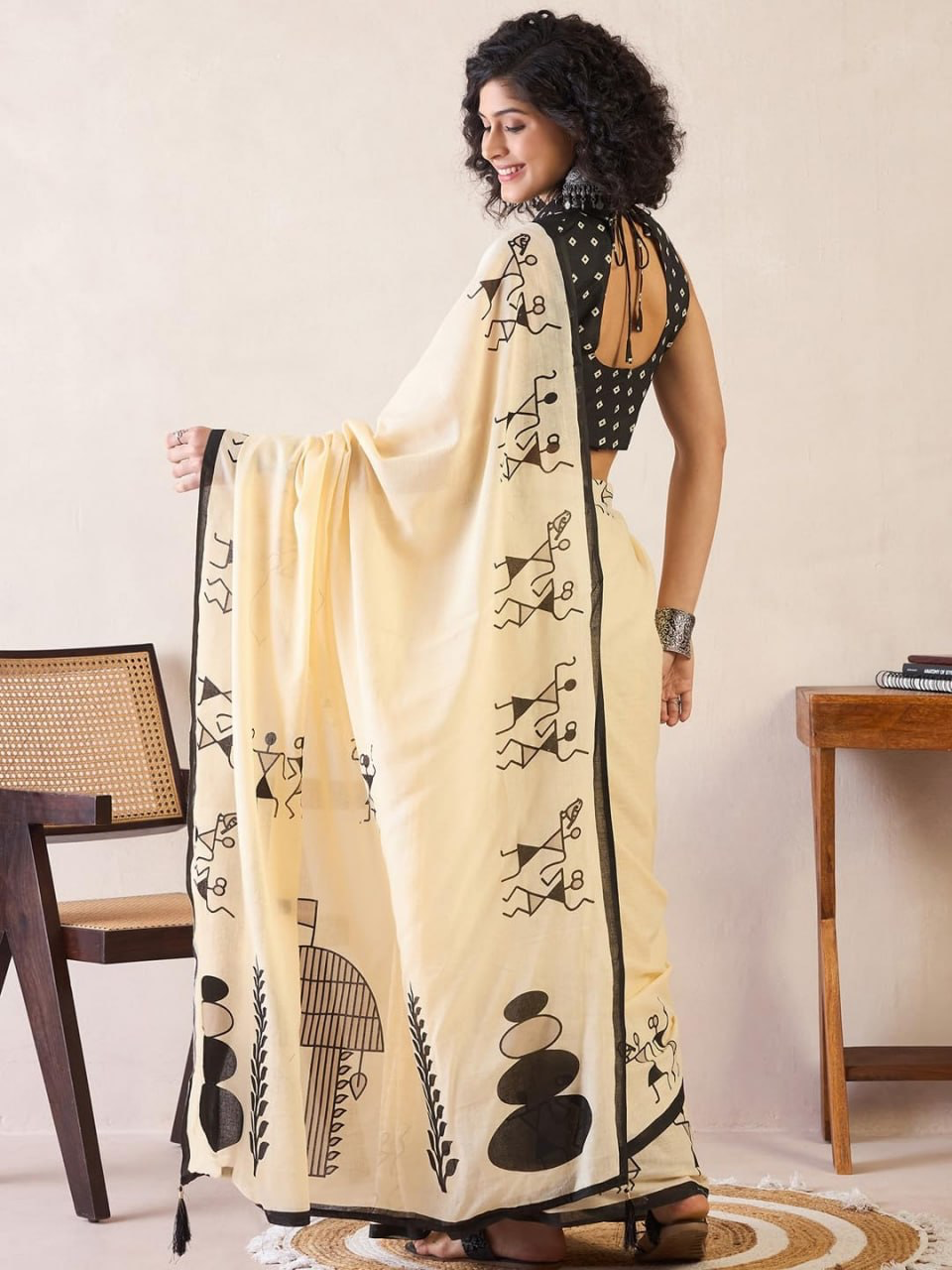Cream Linen Saree with Black Warli-Inspired Print and Contrast Border, 6.3 Metres with Running Blouse for Office Wear