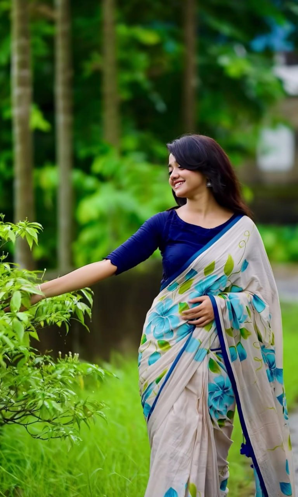 Light Grey Linen Saree with Blue Floral Print, Green Leaves and Navy Border, 6.3 Metres with Running Blouse for Daily Wear