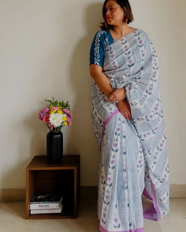 Off White Linen Saree with Lavender Floral Print, Grey Stripes and Lilac Border, 6.3 Metres with Running Blouse for Office Wear
