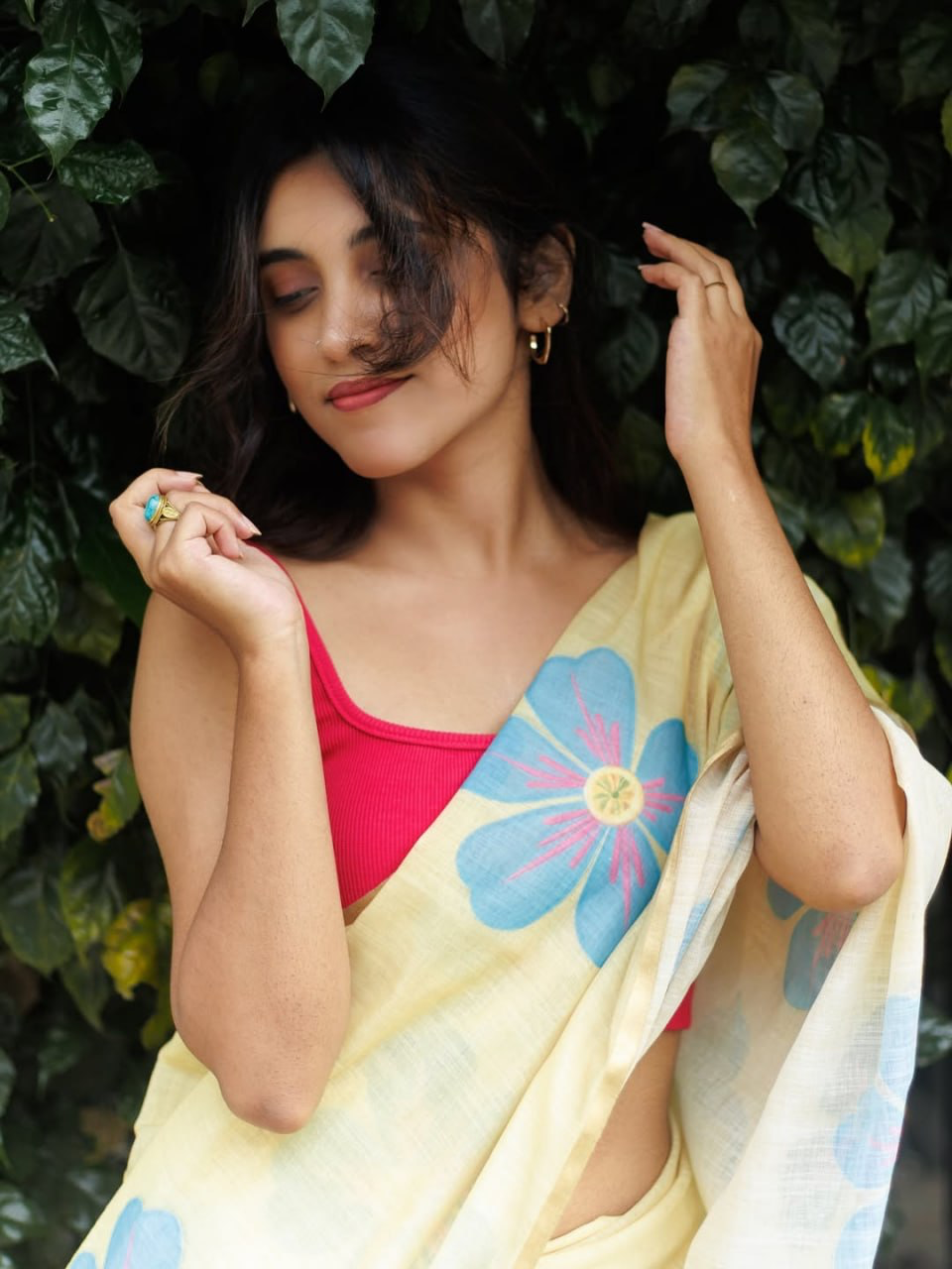 Pale Yellow Linen Saree with Blue and Pink Floral Print, Statement Pallu and Running Blouse for Daily Wear