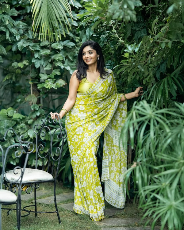 Lime Green Linen Saree with White Floral Print and Decorative Border, 6.3 Metres with Running Blouse for Daily Wear