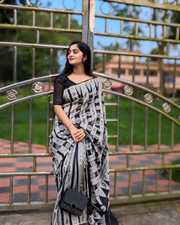 Black and Grey Linen Saree with Floral Motifs and Striped Design, 6.3 Metres with Running Blouse for Office Wear