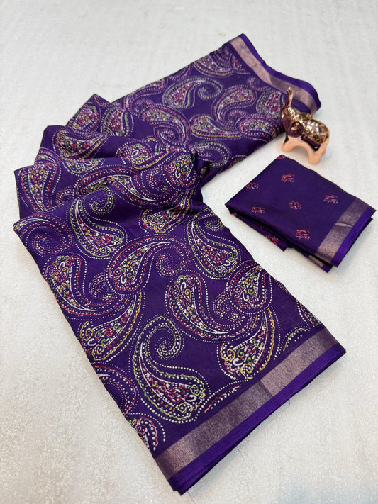 Heavy mul base cotton silk saree with beautiful kalamkari printed and golden zari patti border