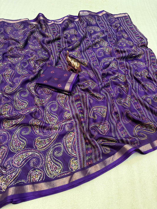 Heavy mul base cotton silk saree with beautiful kalamkari printed and golden zari patti border