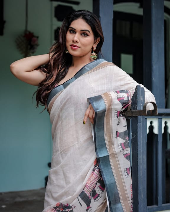 Elegant Digital Print Linen Saree with Blouse – 6.3 Mtr (Single Colour Catalog)