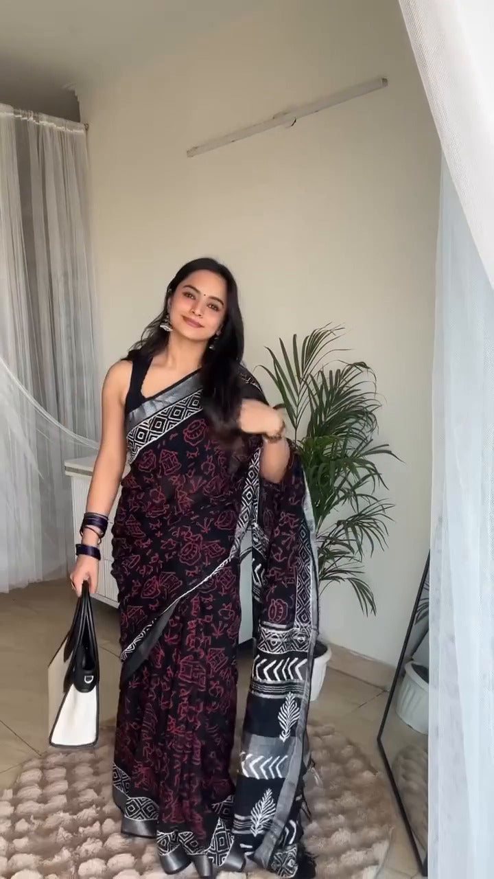 Elegant Digital Print Linen Saree with Silver Zari Border & Blouse – 6.3 Mtr (Single Colour Catalog)