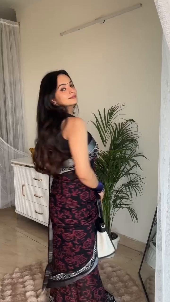 Elegant Digital Print Linen Saree with Silver Zari Border & Blouse – 6.3 Mtr (Single Colour Catalog)