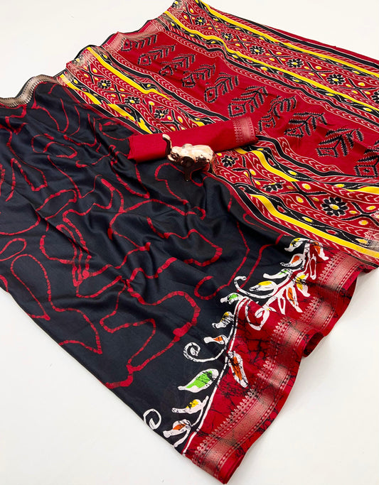 Soft poly silk Saree with Kalamkari Prints & Contrast Zari Border – With Running Blouse