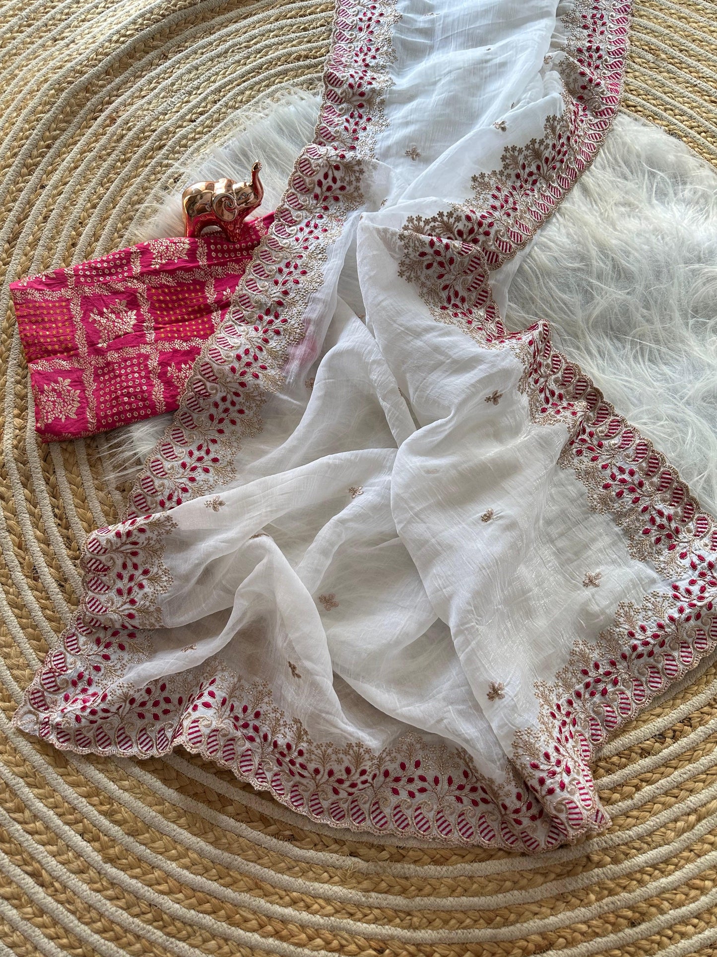 Vanilla White Pure Silk Candy Crush Saree with Embroidered Pallu & Contrast Banarasi Blouse