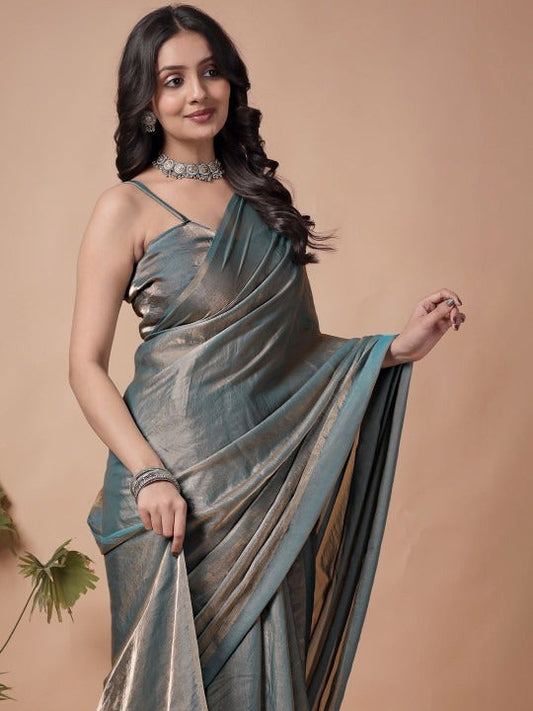 Steel Blue Fendy Chiffon Saree - Full Length View