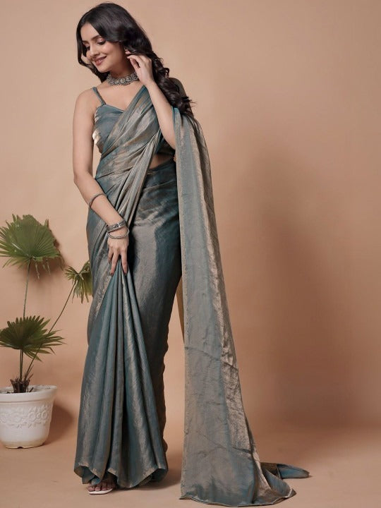 Steel Blue Fendy Chiffon Saree - Side Pose