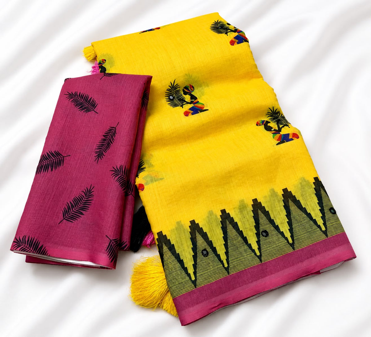 Yellow Soft Linen Cotton Saree with Folk Art Motifs, Magenta Border, Tassel Pallu and Running Blouse for Daily Wear