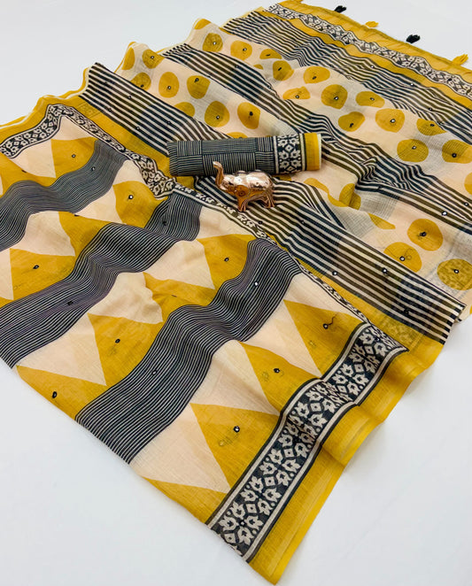 Mustard Yellow & Cream Soft Linen Cotton Saree with Black Stripes, Geometric Design and Running Blouse for Daily Wear
