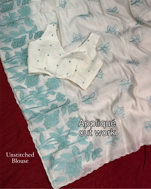Ivory Mul Chiffon Saree with Floral Applique Cut Work, Scalloped Border and Running Blouse for Festive Wear