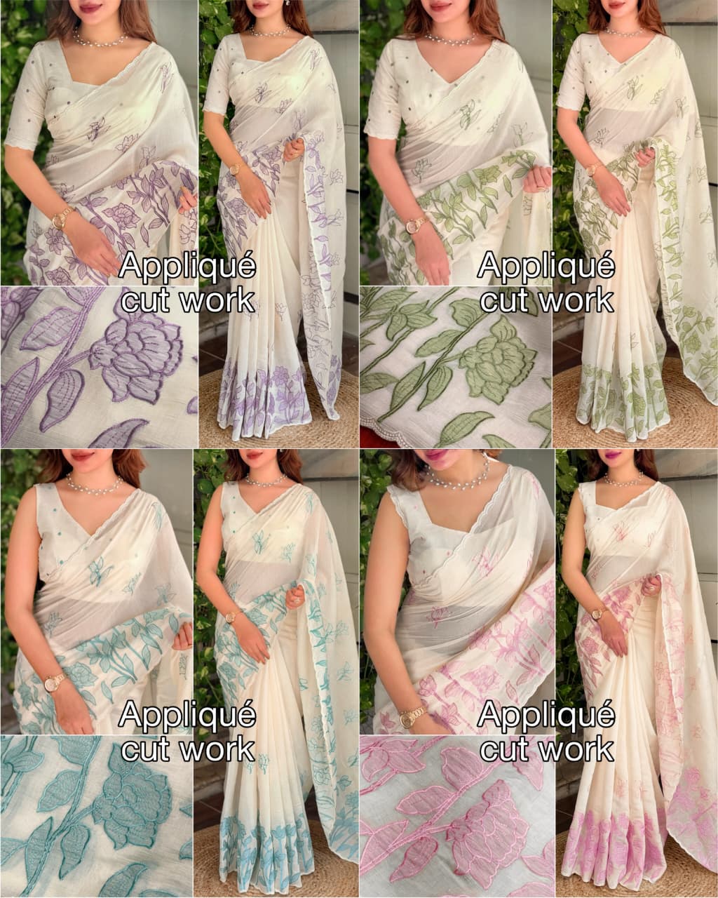 Ivory Mul Chiffon Saree with Floral Applique Cut Work, Scalloped Border and Running Blouse for Festive Wear