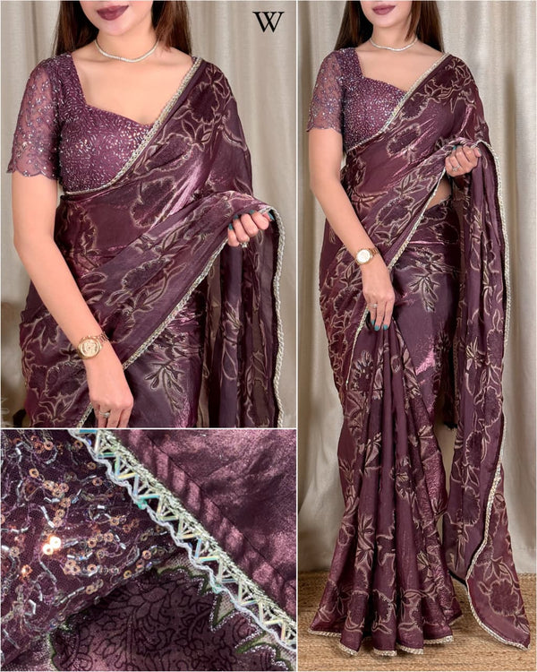 Pure NC Fandy Satin Floral Saree with Decorative Border and Running Blouse for Festive Celebrations and Party Wear