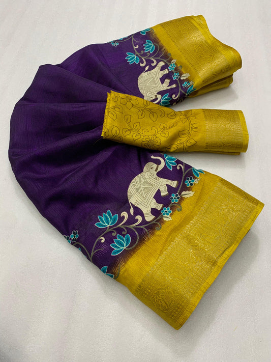 Soft Heavy Dolla Silk Fabric With Mill Print And Beautiful Jaquard Weaving Border And Contrast Printed Blouse - Swaraas