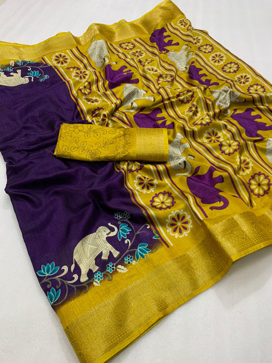 Soft Heavy Dolla Silk Fabric With Mill Print And Beautiful Jaquard Weaving Border And Contrast Printed Blouse - Swaraas