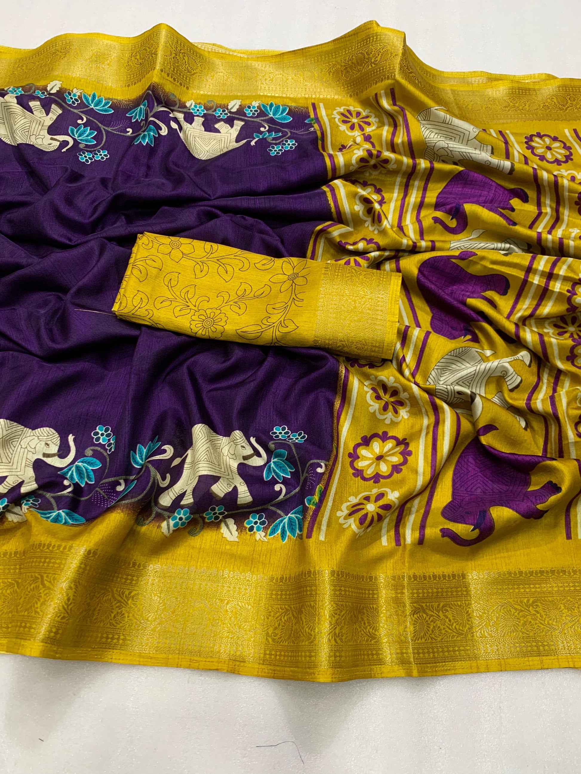 Soft Heavy Dolla Silk Fabric With Mill Print And Beautiful Jaquard Weaving Border And Contrast Printed Blouse - Swaraas