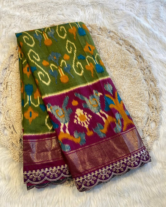 pretty soft silk saree with all over eye catchy ikkat prints with awesome two sides printed border - Swaraas