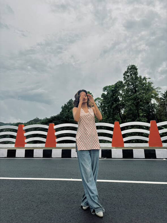 White & Red Cambric Cotton Printed Kurti for Women | Stylish Daily Wear | Machine Washable